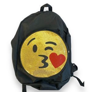 Kids Emoji‎ Backpack Kiss Face Sequin School Bag Black Gold Heart Cute B72Q